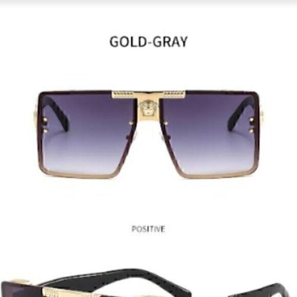 Gray Sports Sunglasses Grey Rivet Metal Frame Large Square Gold Frame